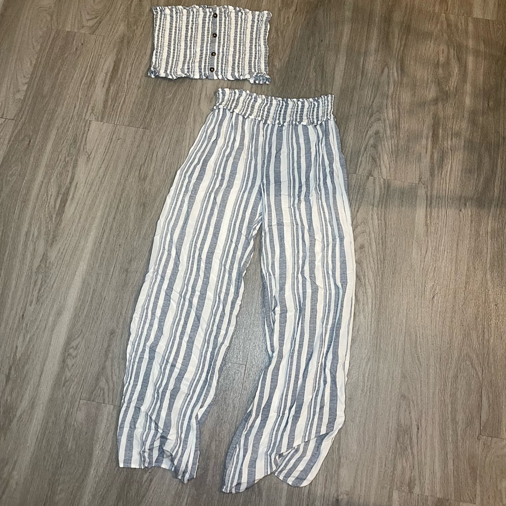White and denim wide leg pants set